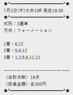 V字回復メソッド・7月2日大井10Rの買い目